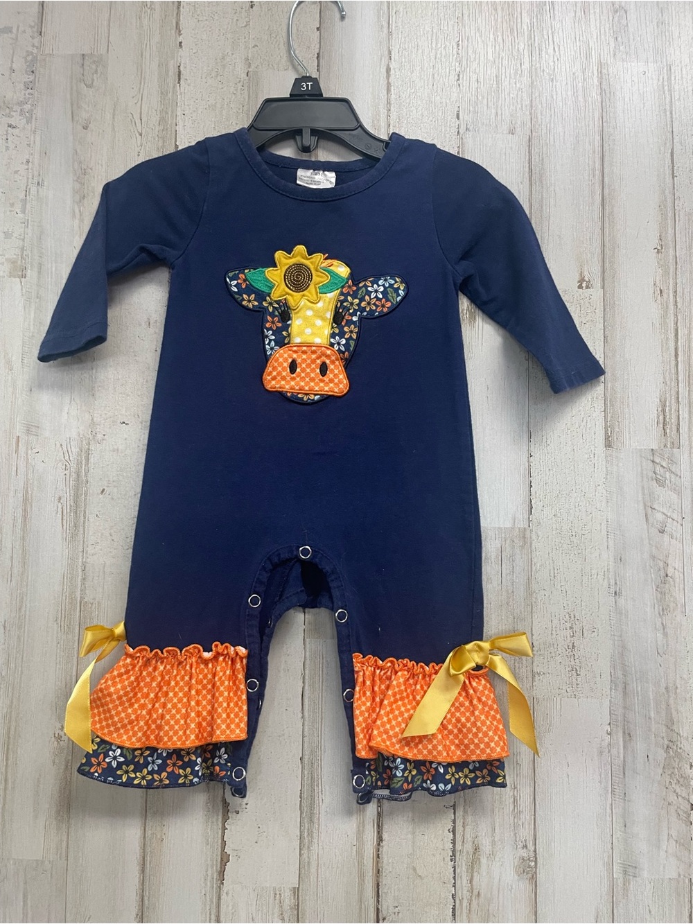 Fall Navy Cow Applique Ruffle One-Piece for Kids sz 3/6mths